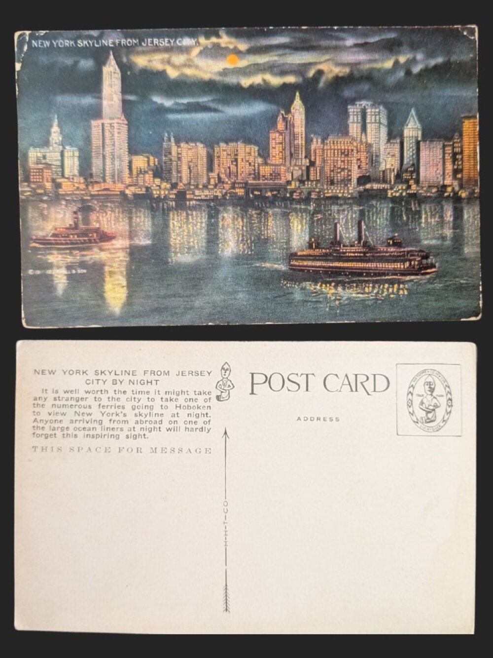 5/$25 Vintage Blank New York Skyline at Night from New Jersey Postcard
